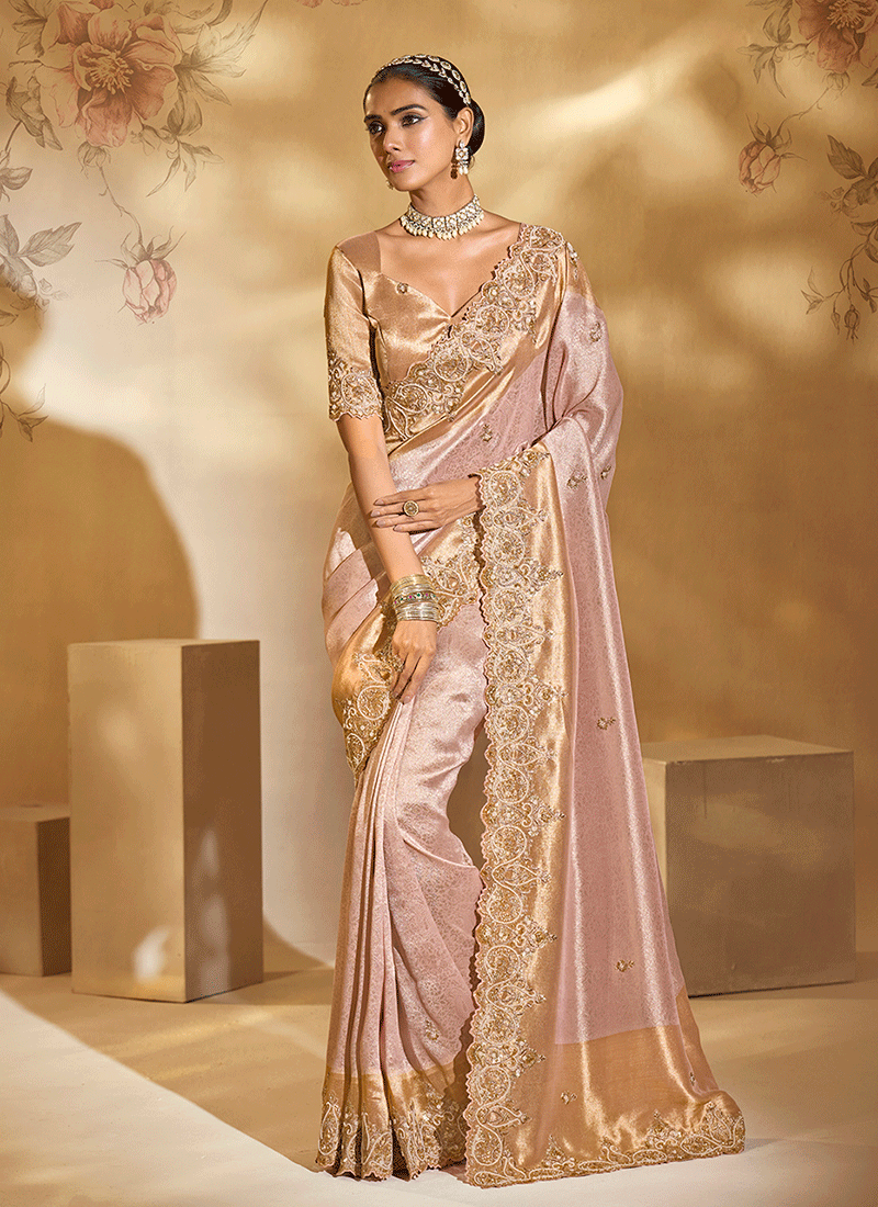 Pink Golden Handwork Embroidery Saree