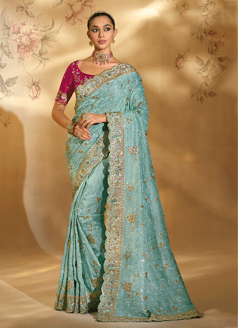 Sky Blue And Magenta Embroidery Saree