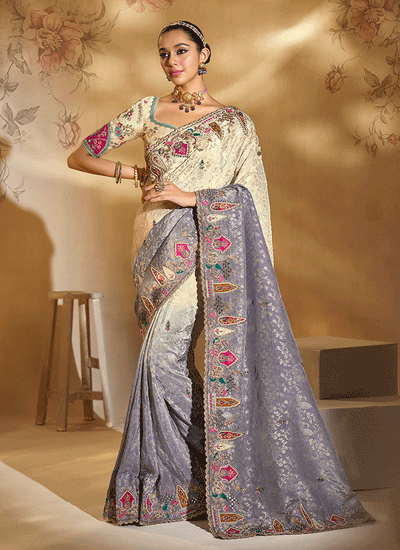 Cream Purple Ombré Handwork Embroidery Saree
