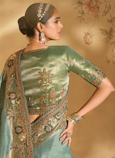 Teal And Green Handwork Embroidery Saree