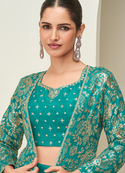 Buy Turquoise Jacket Palazzo Suit In UK