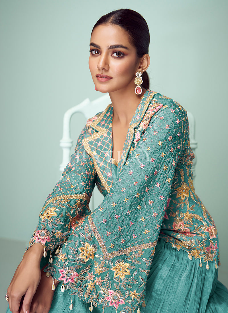 Buy Teal Blue Lehenga Suit In UK