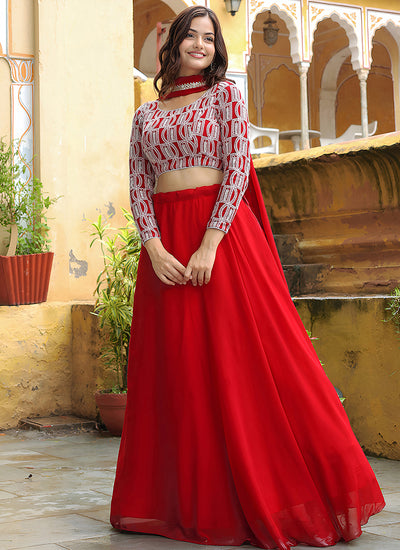 Hot Red Thread Embroidery Wedding Lehenga Choli