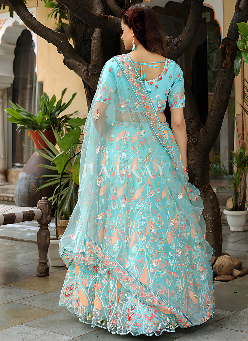 Buy Aqua Blue Lengha Choli In USA