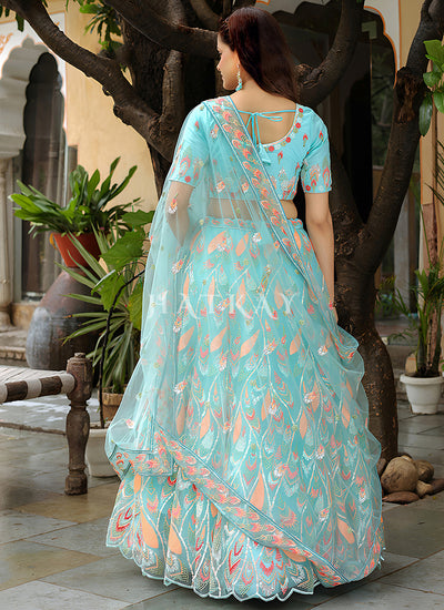 Buy Aqua Blue Lengha Choli In USA
