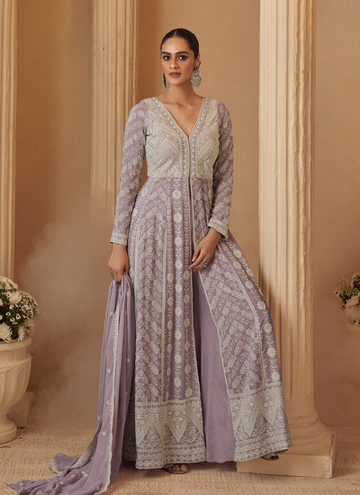 Lavender Lucknowi Embroidered Slit Style Anarkali Palazzo Suit