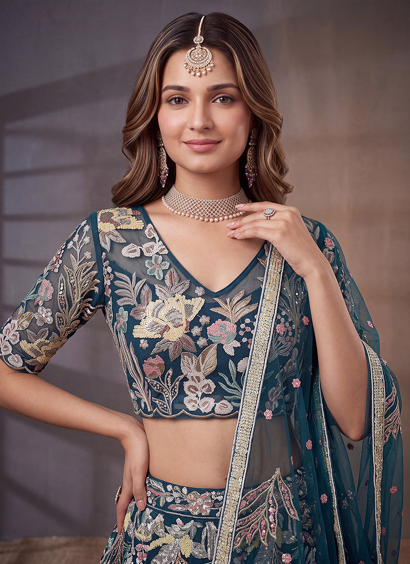 Turquoise Embroidered Lehenga Choli For Festival