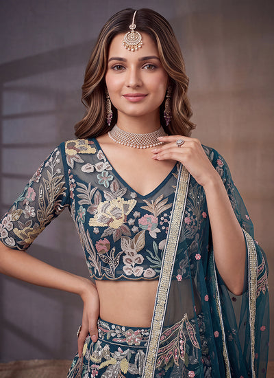 Turquoise Embroidered Lehenga Choli For Festival