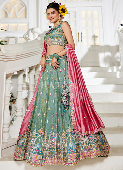Shop Green And Pink Lehenga Collection