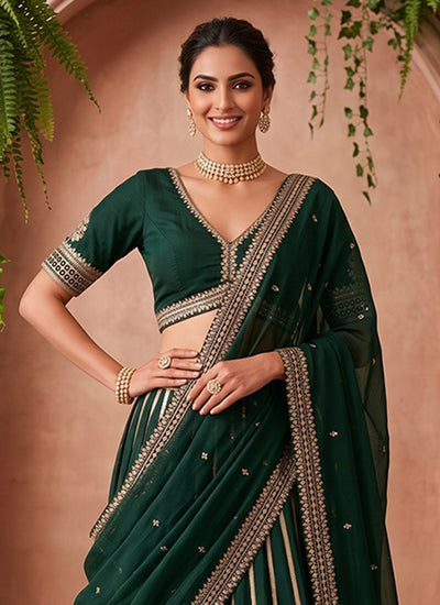 Buy Dark Green Silk Lehenga Choli In USA