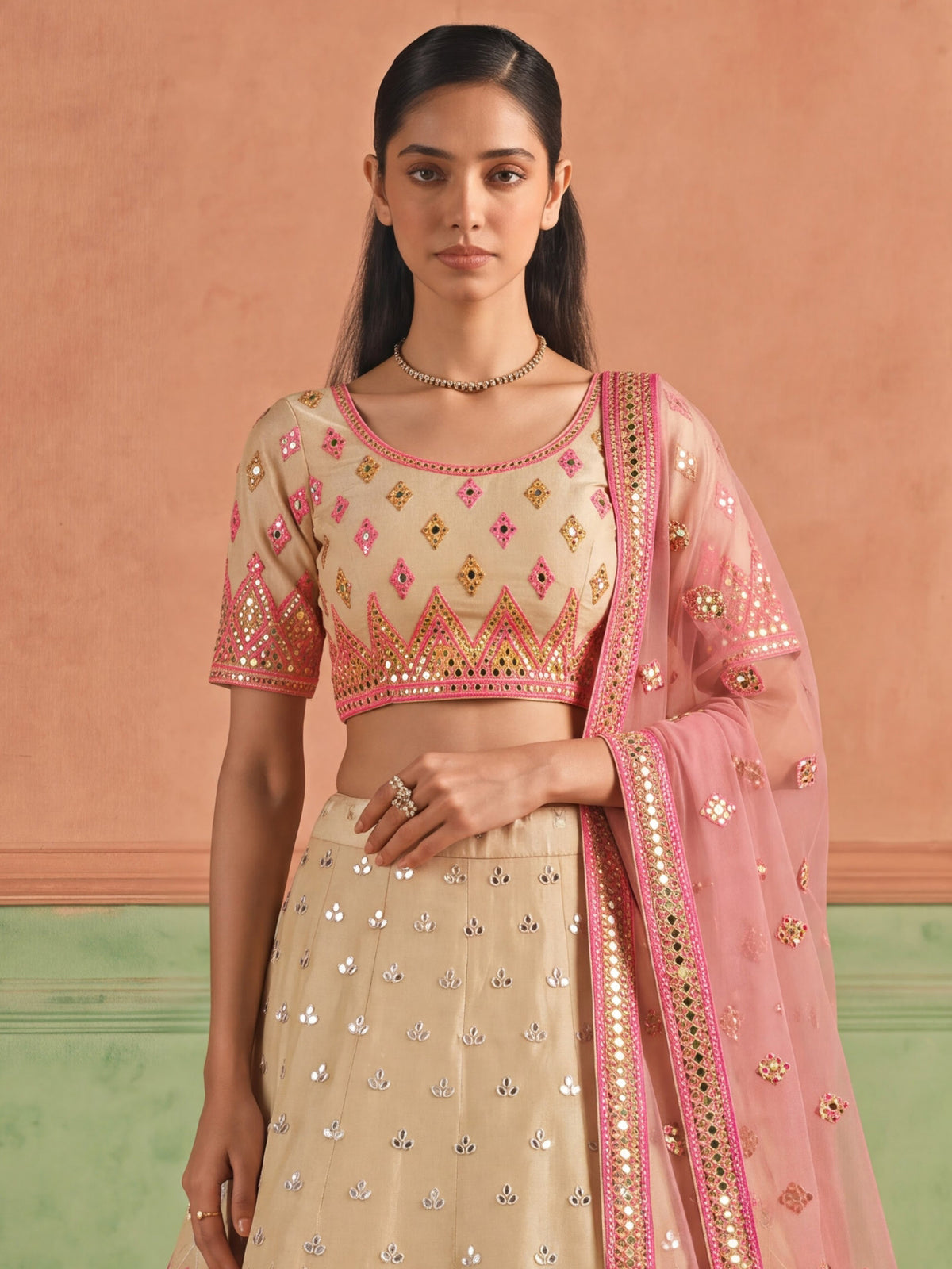 Beige And Pink Embroidered Organza Silk Lehenga Choli