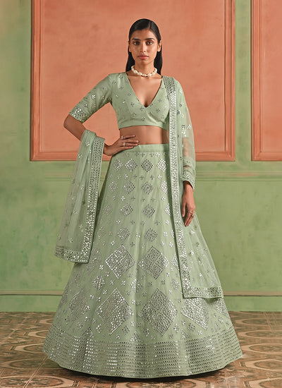 Mint Green Embroidered Organza Silk Lehenga Choli