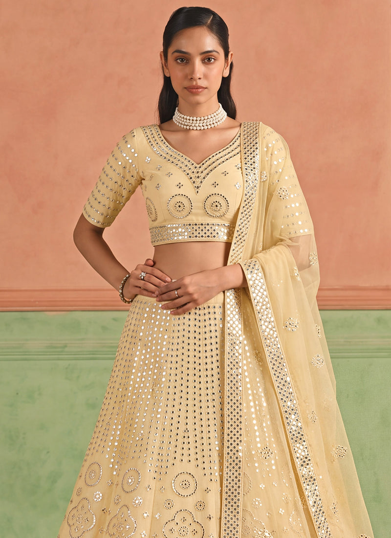 Mist Yellow Embroidered Organza Silk Lehenga Choli