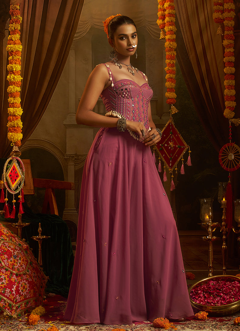Mauve Pink Embroidered Georgette Lehenga Choli