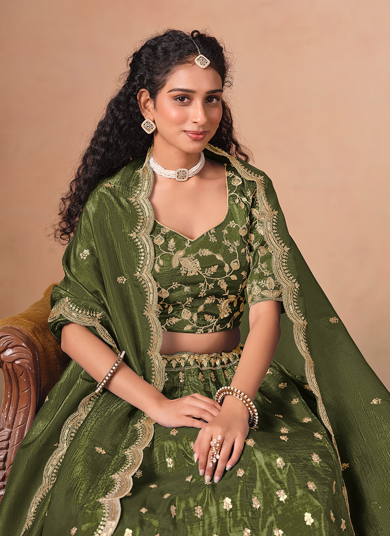 Buy Olive Green Designer Lengha Choli