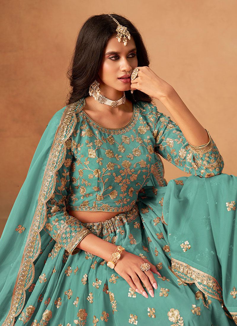 Shop Teal Green Partywear Lengha Choli At Hatkay