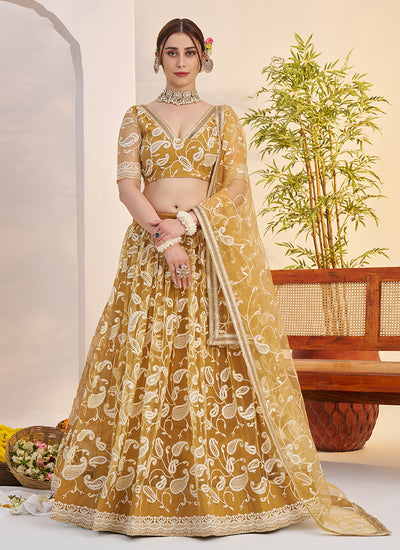 Yellow Threadwork Embroidery Lehenga Choli
