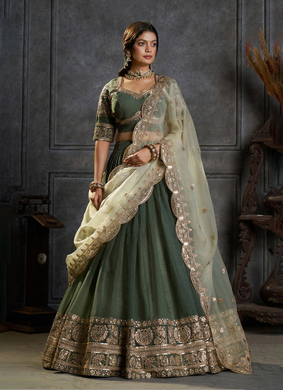 Green Embroidered Organza Silk Lehenga Choli Set