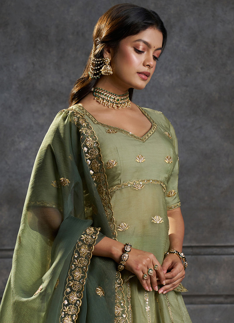Olive Green Embroidered Lehenga Kurti