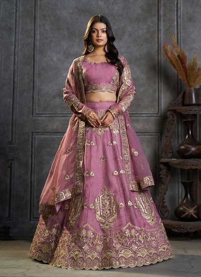Mauve Embroidered Organza Silk Lehenga Choli Set