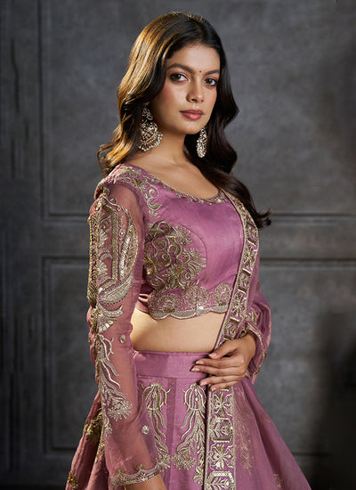 Mauve Embroidered Organza Silk Lehenga Choli Set