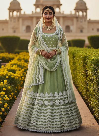 Pista Green Thread Embroidery Bollywood Lehenga Choli