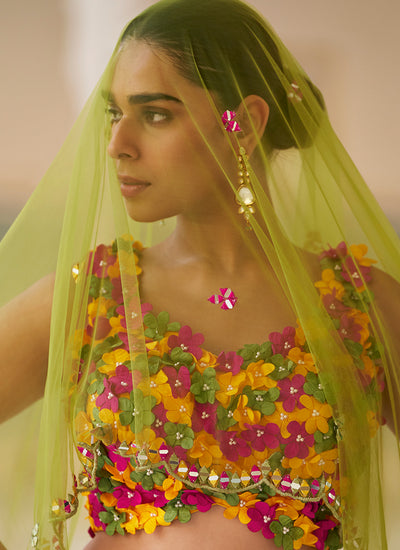 Buy Yellow And Pink Appliqué Embroidered Lengha Choli In UK