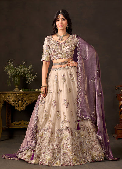 Beige And Purple Floral Embroidered Lehenga Choli Set