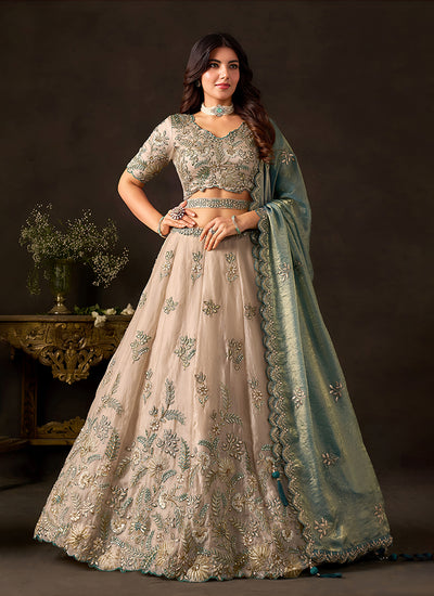 Beige And Teal Lehenga Choli For Occaision