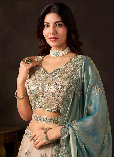 Beige And Teal Designer Lehenga Choli In Canada