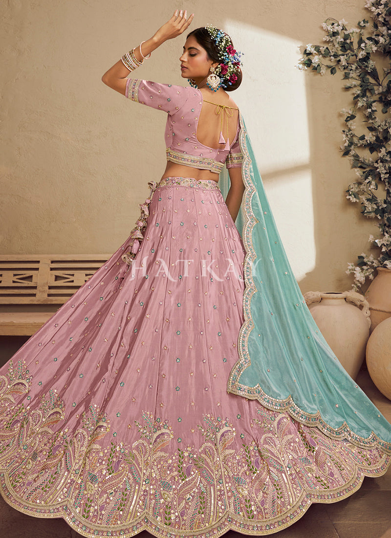 Buy Pink And Teal Lengha Choli Online