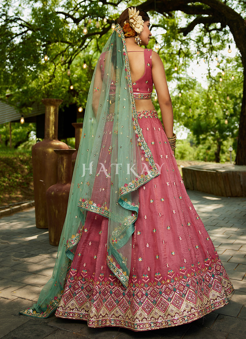 Pink And Green Lehenda Choli