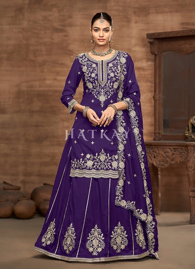 Violet Embroidery Lehenga Kurti And Dupatta