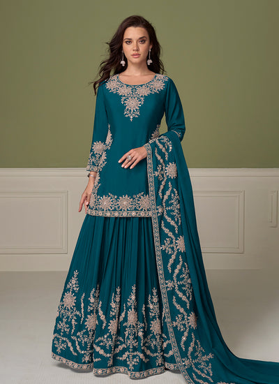 Turquoise Embroidered Festive Lehenga Kurti Set