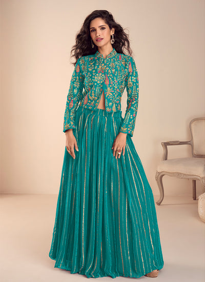 Turquoise Embroidered Silk Crop Top Lehenga Set
