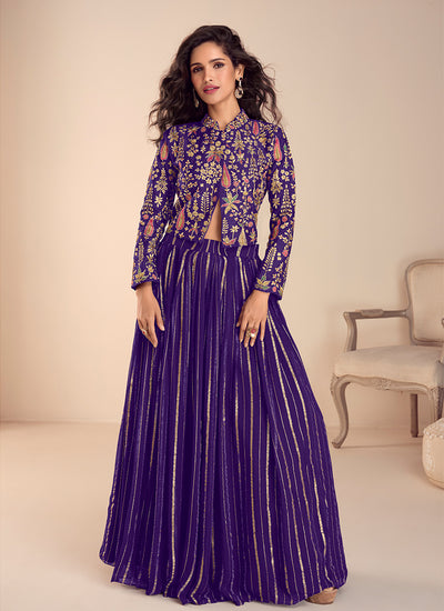 Violet Embroidered Silk Crop Top Lehenga Set