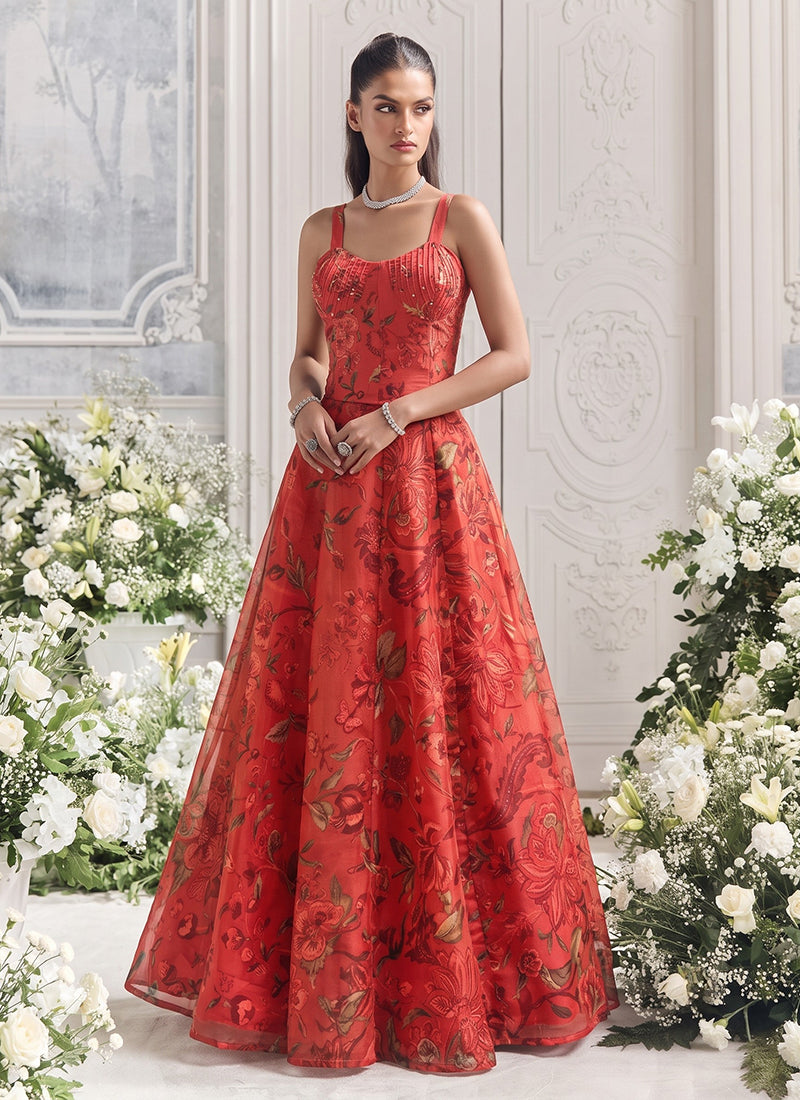 Red Floral Print Organza Silk Lehenga Set
