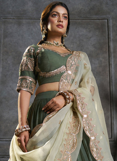 Green Embroidered Organza Silk Lehenga Choli Set