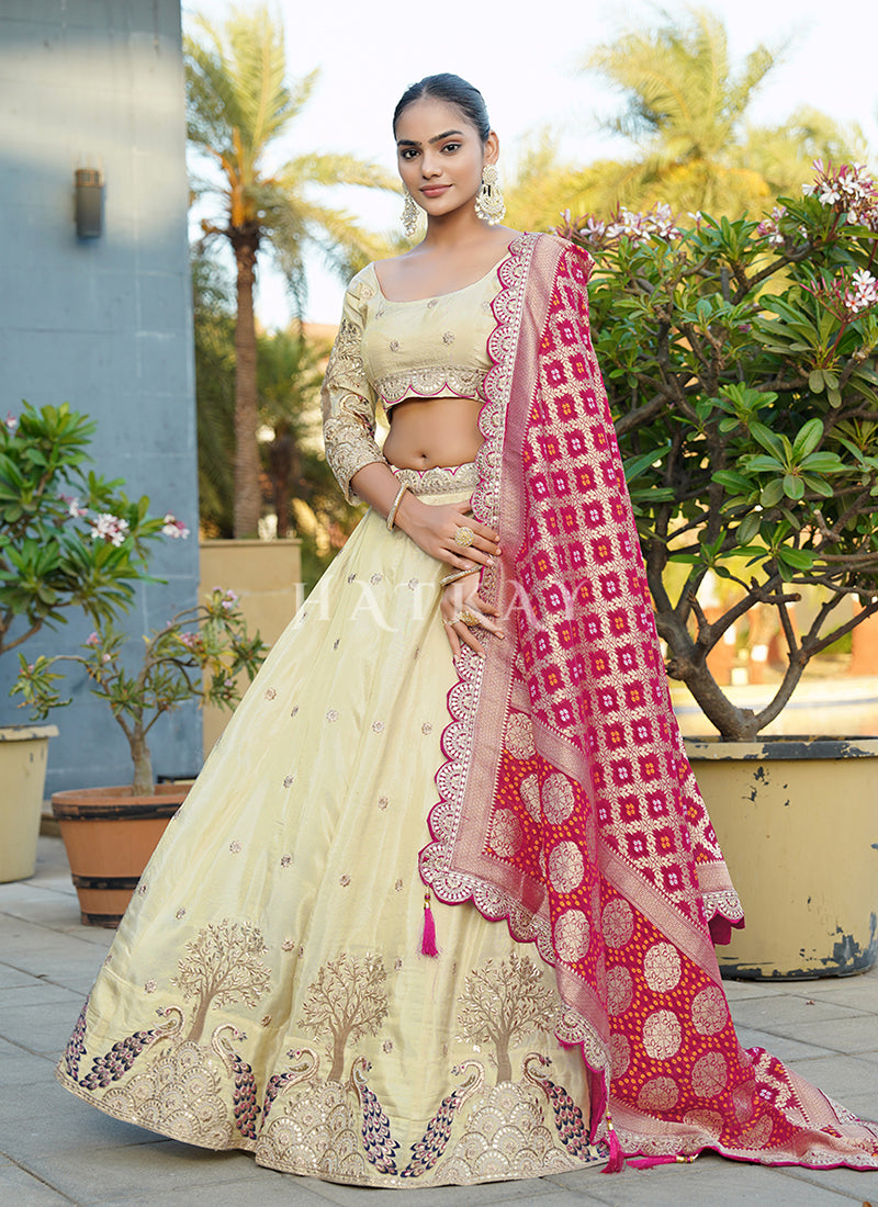 Cream And Red Lehenga Choli