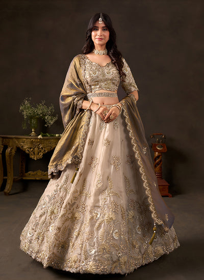 Beige And Copper Brown Floral Embroidered Lehenga Choli Set