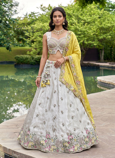 White And Yellow Embroidered Chiffon Silk Lehenga Choli