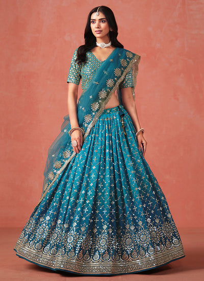 Turquoise Ombré Embroidered Bridal Lehenga Choli