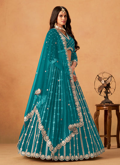 Turquoise Zari Embroidery Festive Lehenga Choli