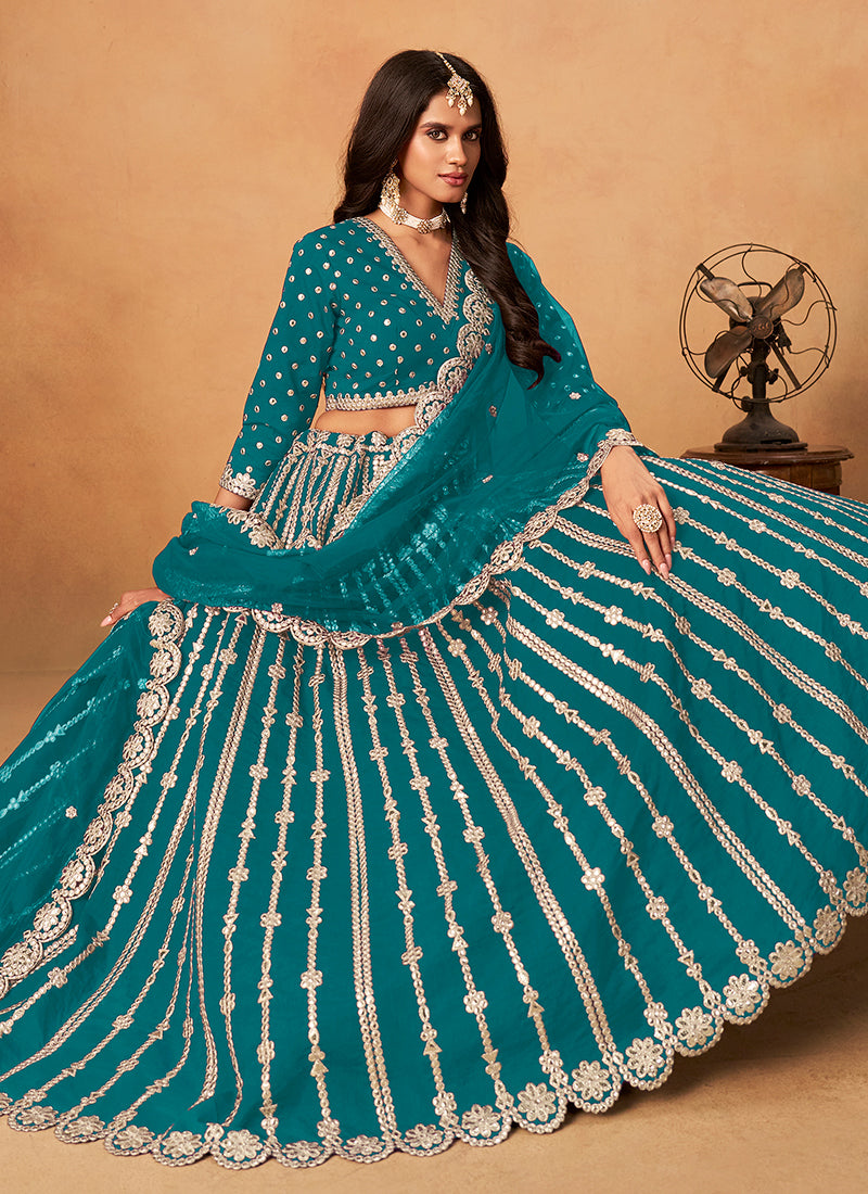 Turquoise Zari Embroidery Festive Lehenga Choli