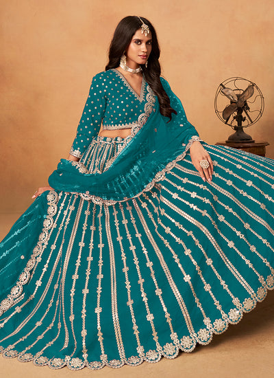 Turquoise Zari Embroidery Festive Lehenga Choli