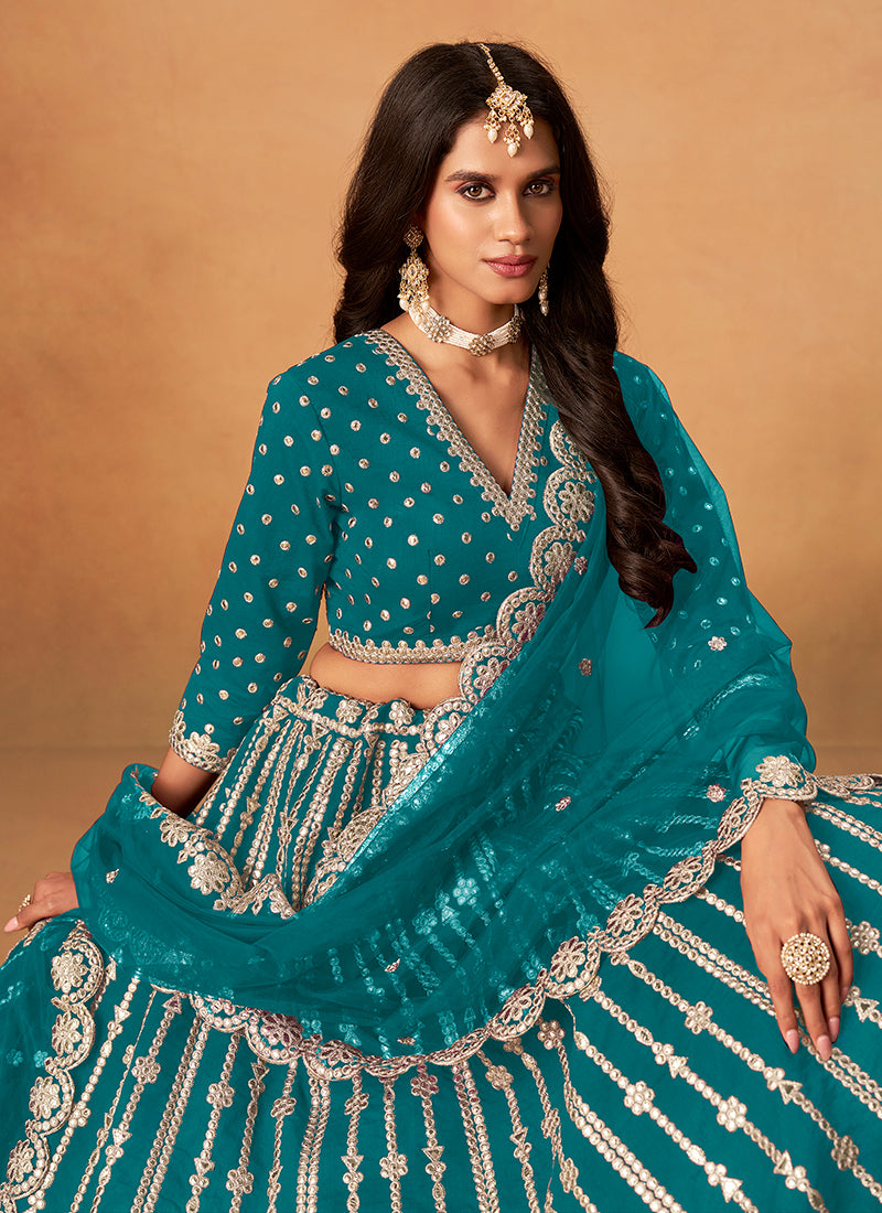 Turquoise Zari Embroidery Festive Lehenga Choli