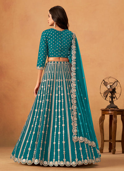 Turquoise Zari Embroidery Festive Lehenga Choli