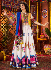 White And Yellow Kutchi Embroidered Navratri Chaniya Choli