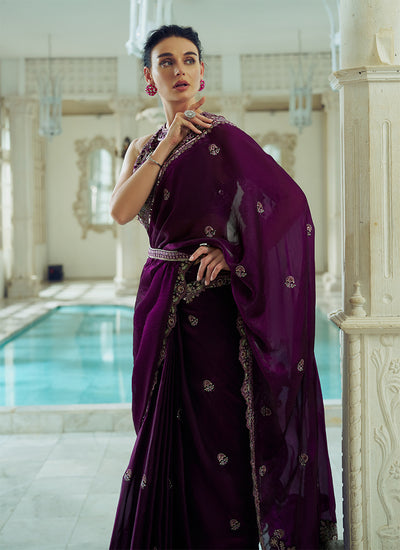 Shop Wine Designer Saree Online