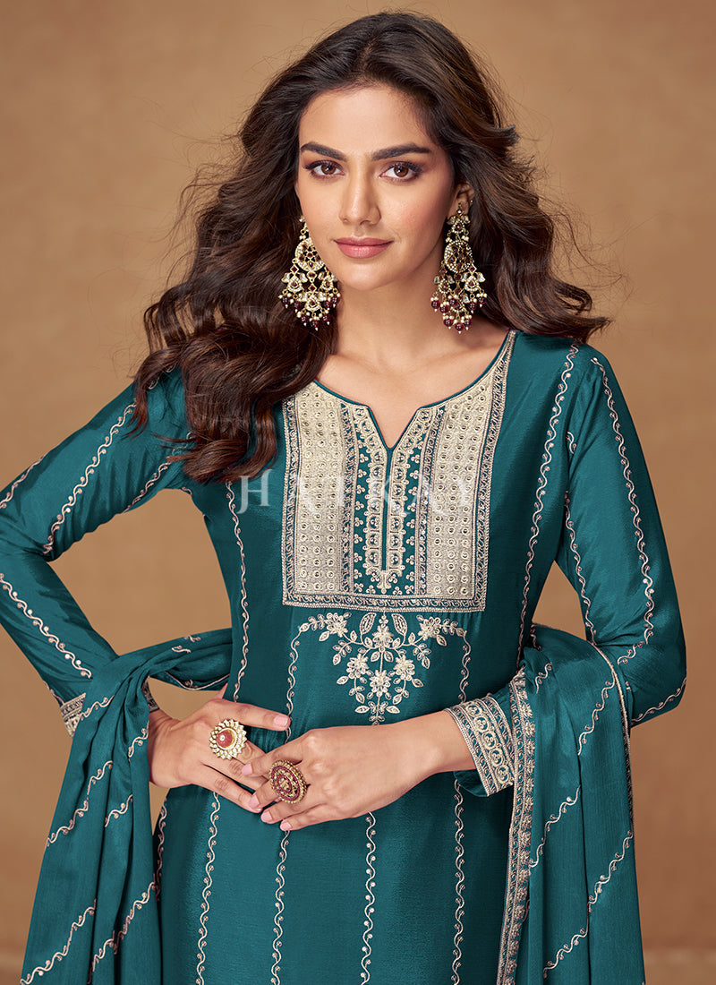 Buy Wonderful Turquoise Palazzo Suit In USA